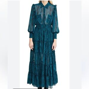 NWOT retail $200 size S MISA Tiered Maxi dress in a Teal Snake print.